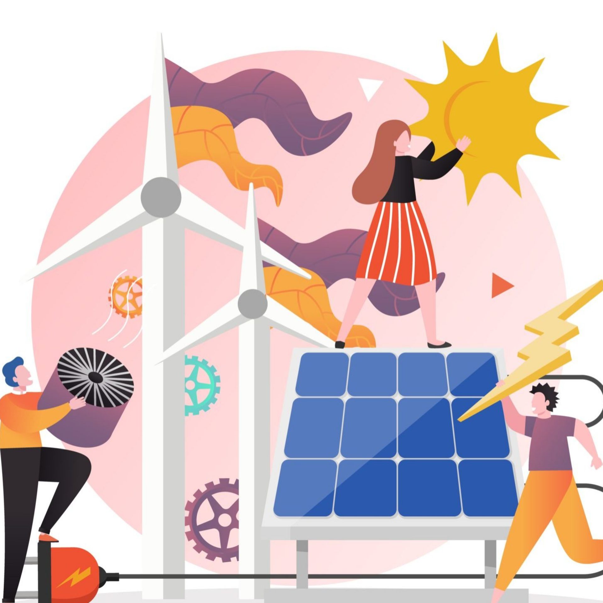 Alternative clean energy production, vector illustration. Solar panels and wind turbines generating electricity from renewable sources such as sun and wind, male and female characters.